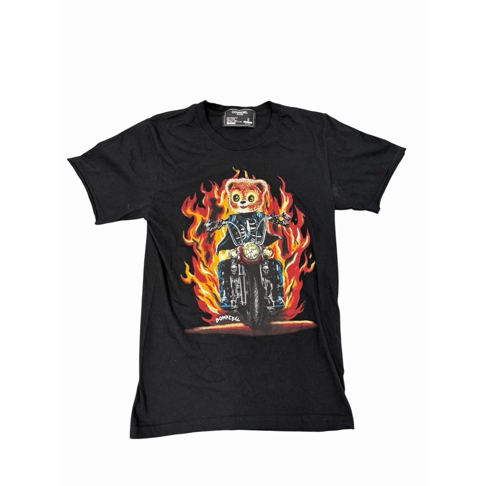 Domrebel Graphic Teddy Bear‎ Flaming Motorcycle Men's Small Designer T-Shirt